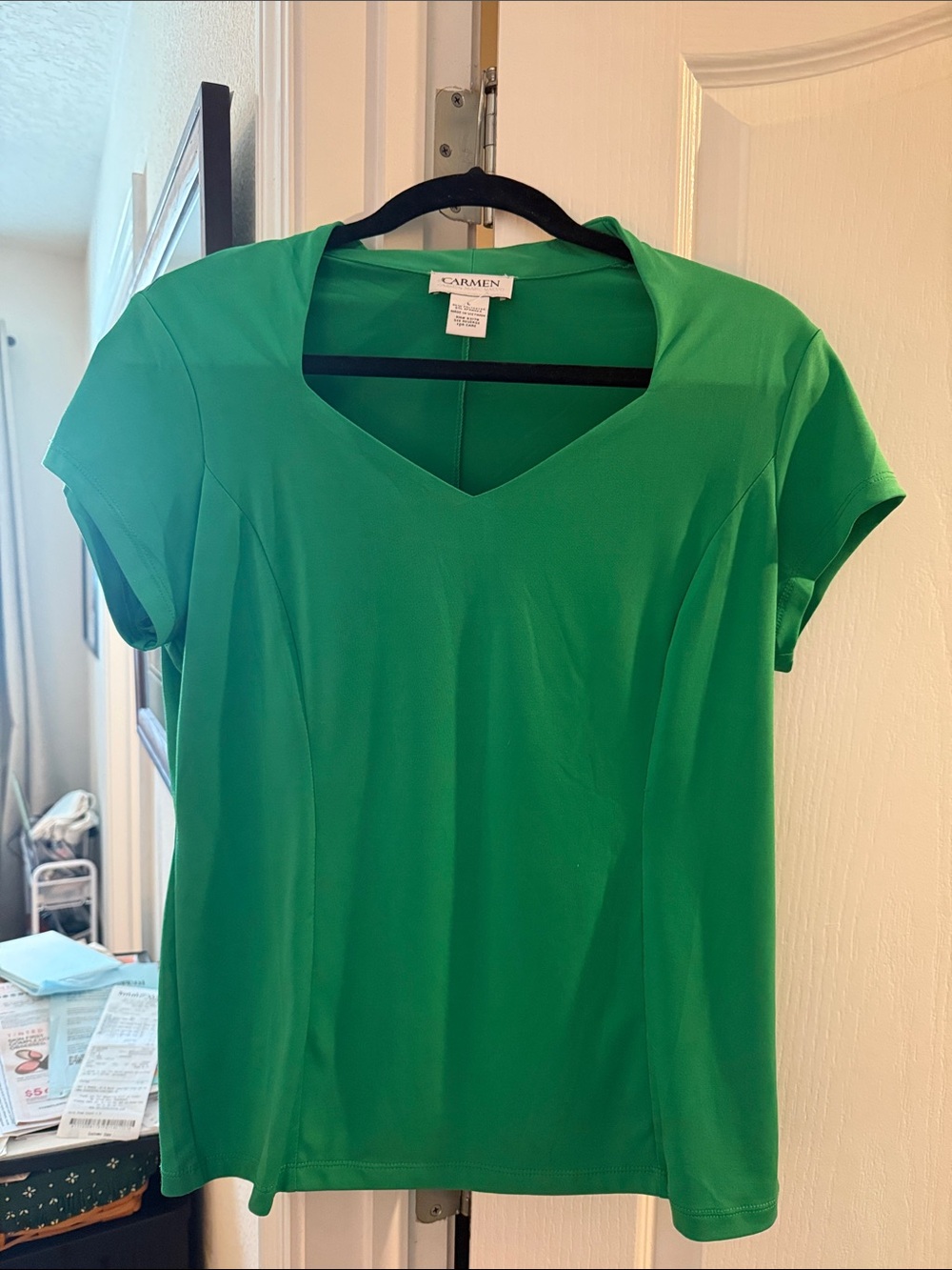 Carmen Short Sleeve V-Neck Top in Emerald Green
